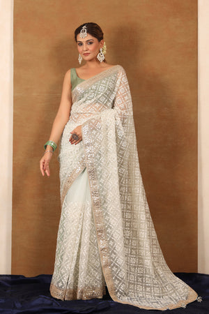 Banarasee Hand-Embroidered Mirror Work Organza Saree With Blouse-White