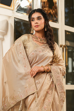 Beige Georgette Saree with tessellated cape