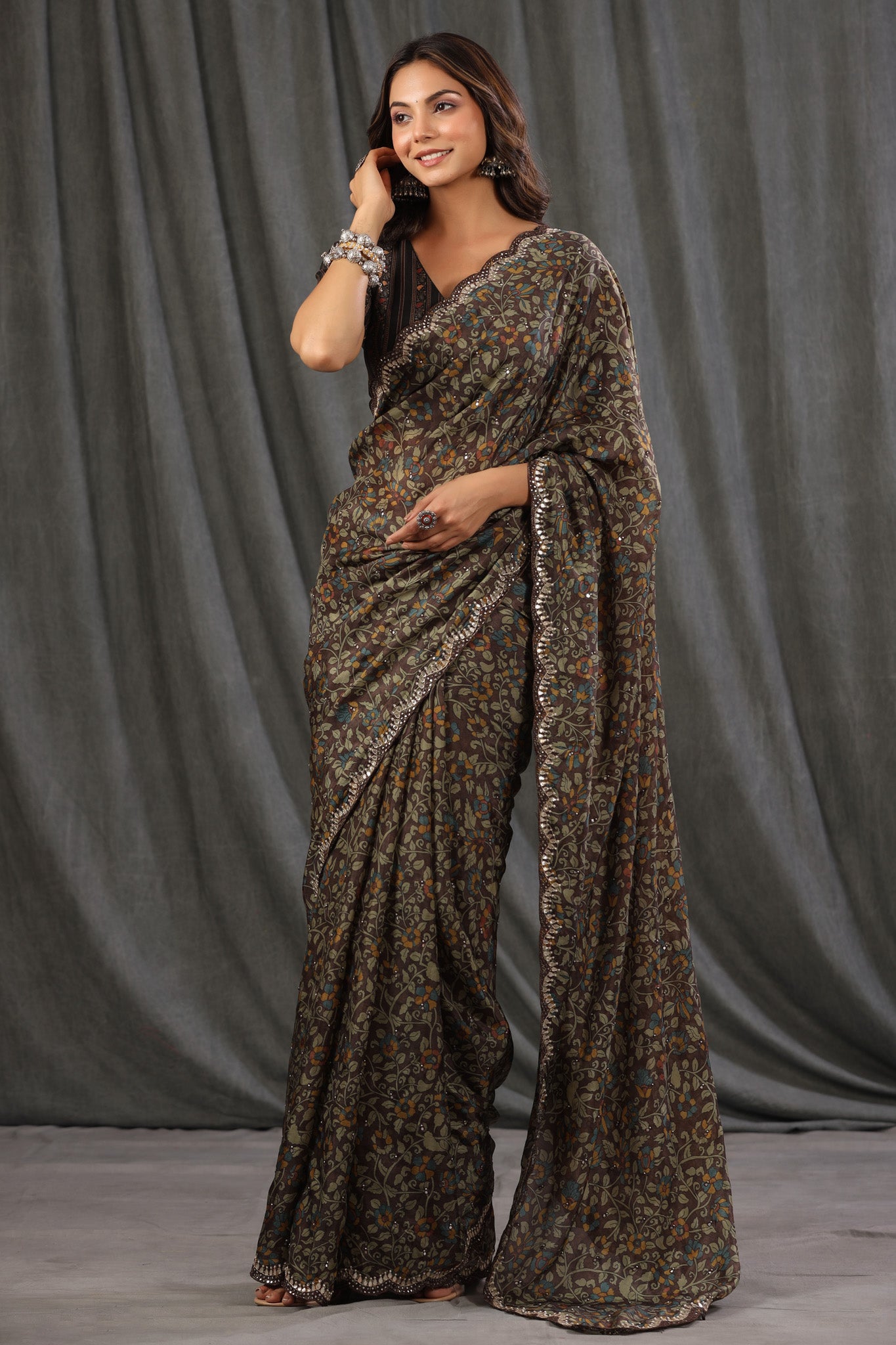 Buy Party Wear Grey Digital Printed Crepe Silk Saree Online From Surat  Wholesale Shop.