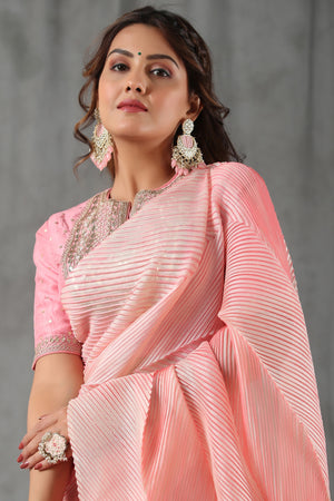 Pastel Peach Saree in Tabby Soft Silk Woven - Clothsvilla