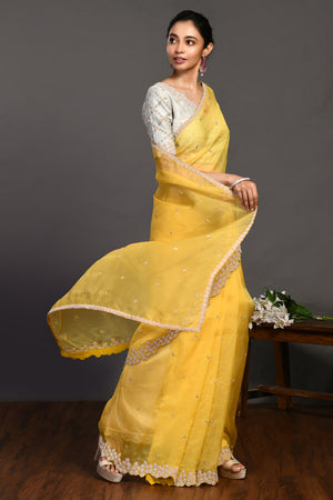 Embroidered Net Sari, White Yellow Saree, White Yellow Net Saree with Yellow  Net Blouse