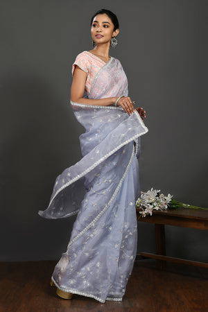 Organza Sarees : White organza silk zari embroidered and ...