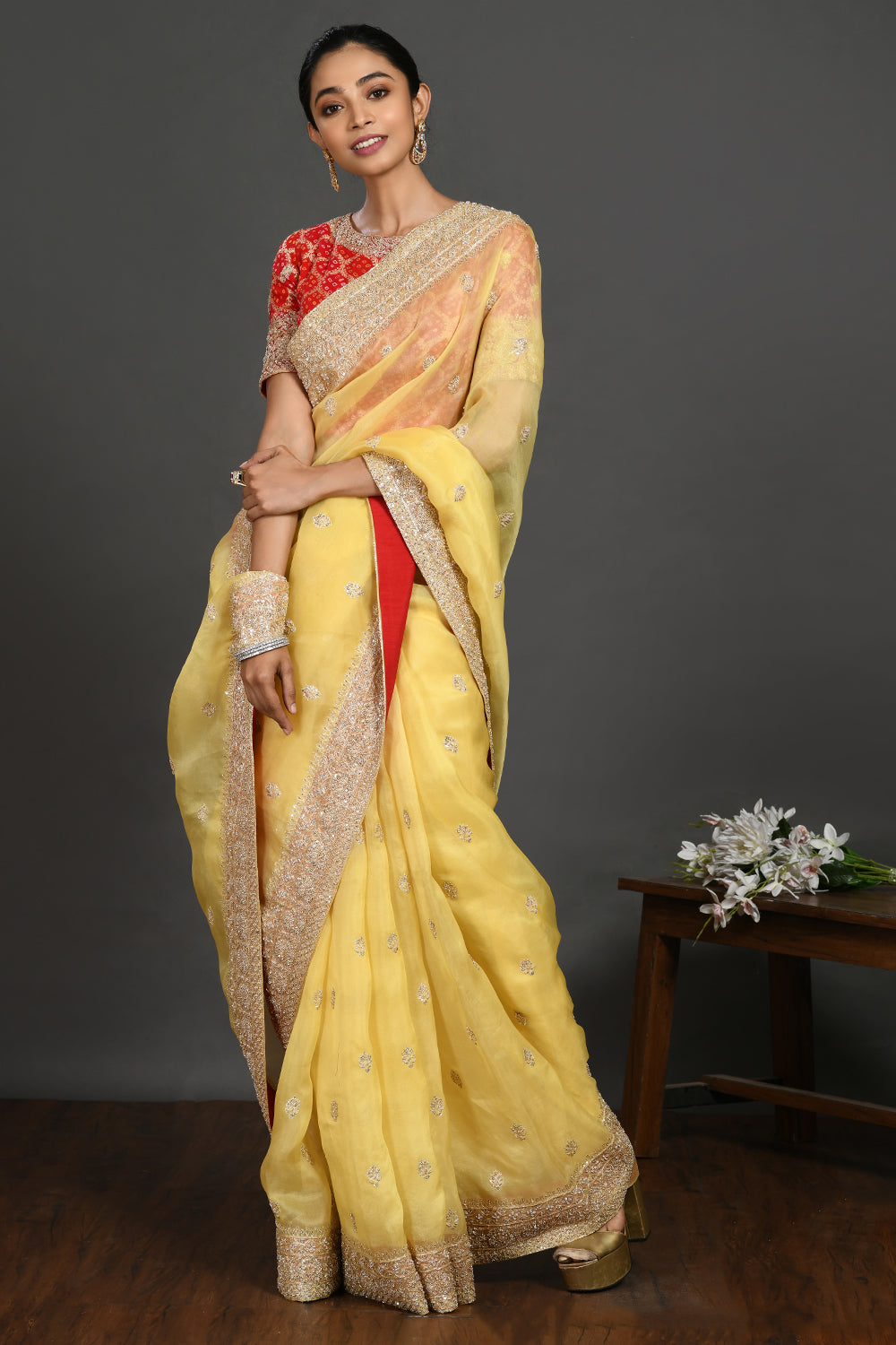 Buy Yellow Saree With Contrast Blouse for Women Online from