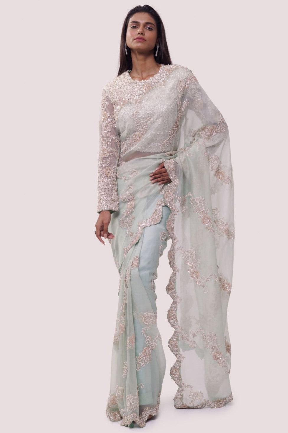 Buy Mint Green Embroidered Organza Saree Online in USA with Blouse – Pure  Elegance
