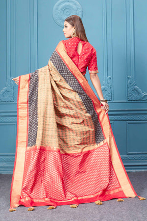 Royal Beige Woven Banarasi Tussar Silk Saree With Berry Red Border – Zari  Banaras