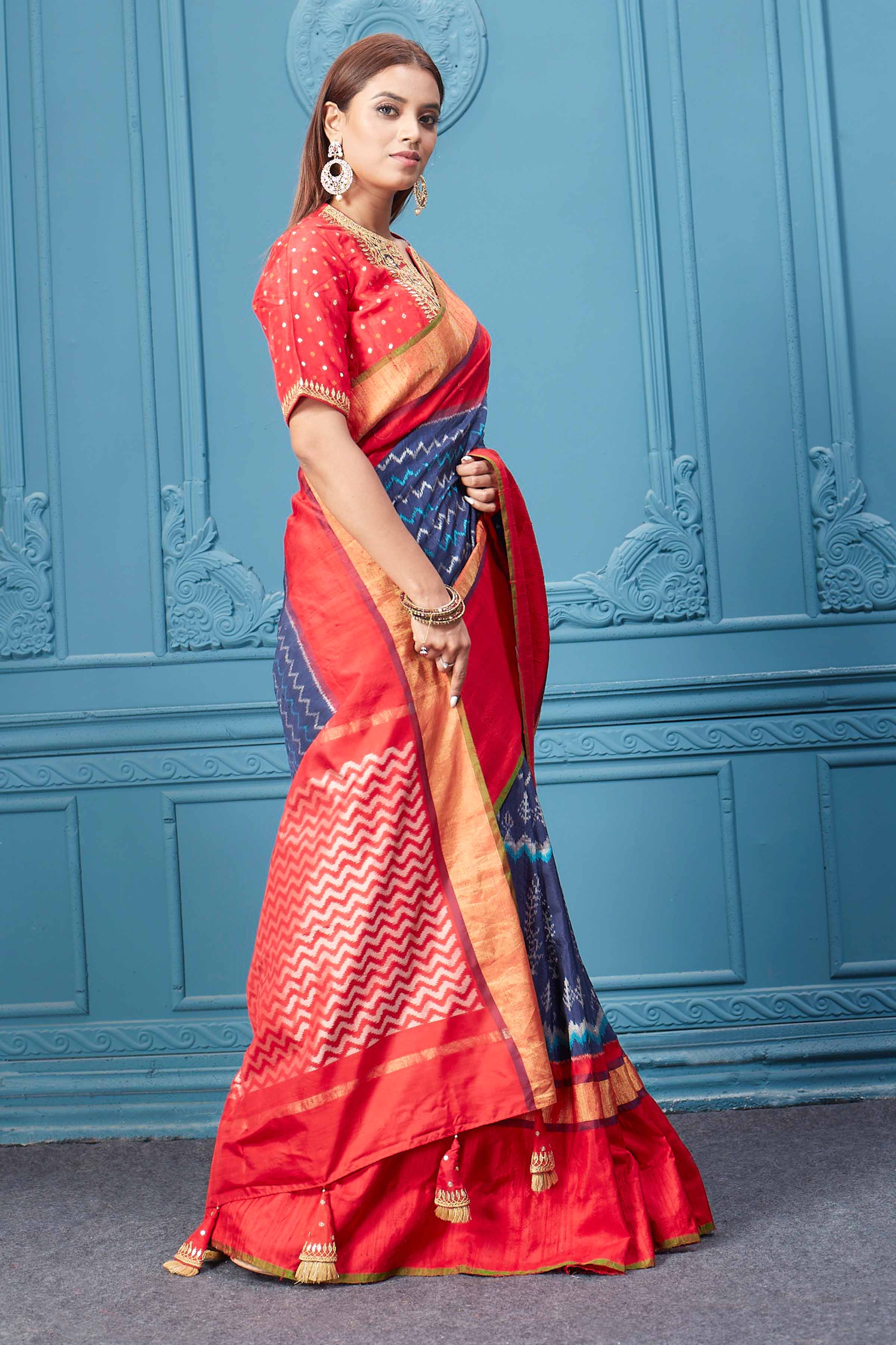 Festive Wear Charming Red And Blue Color Wedding Wear Pure Silk Saree With  Pure Silk Blouse