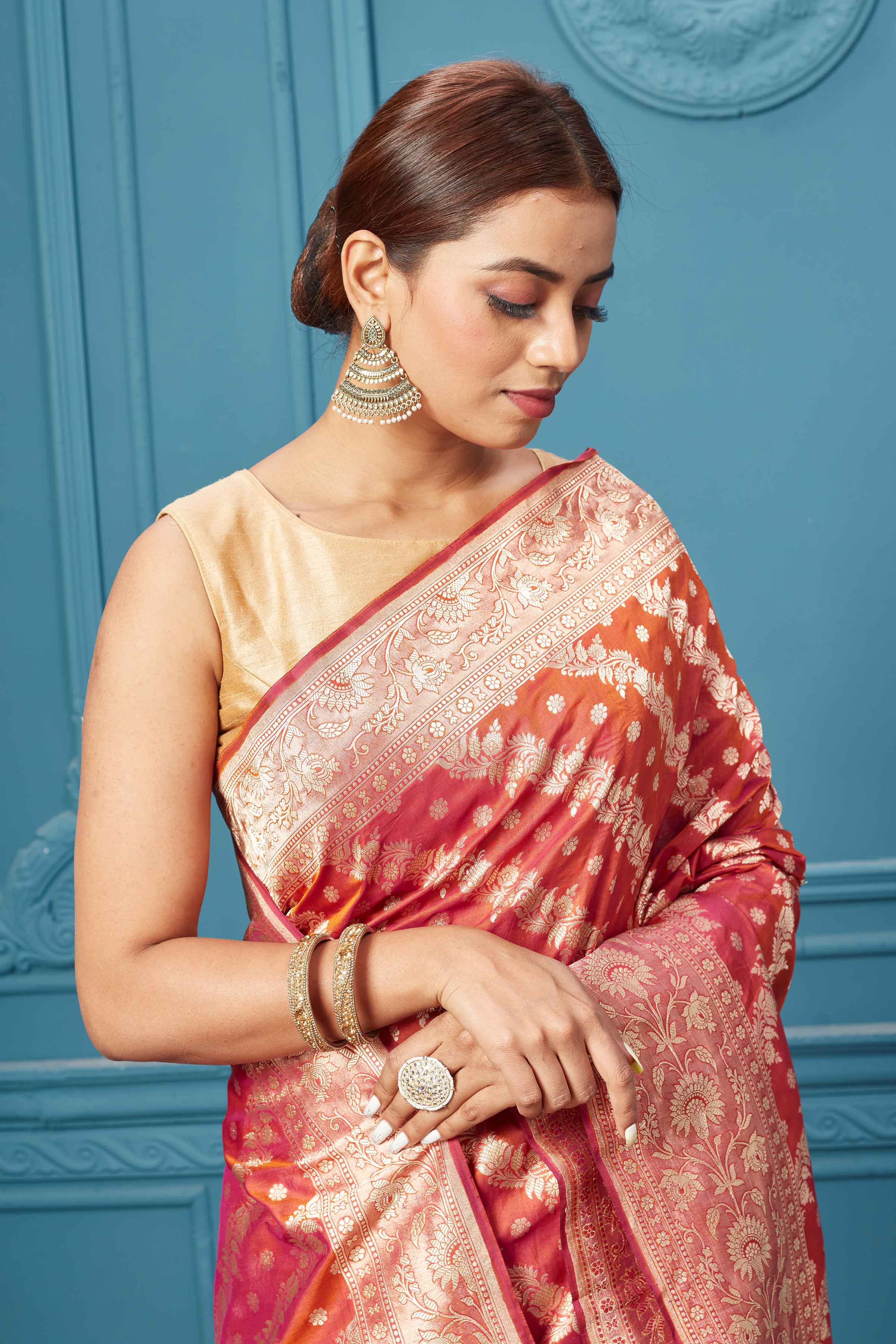 Red pure katan silk saree by Sacred Weaves