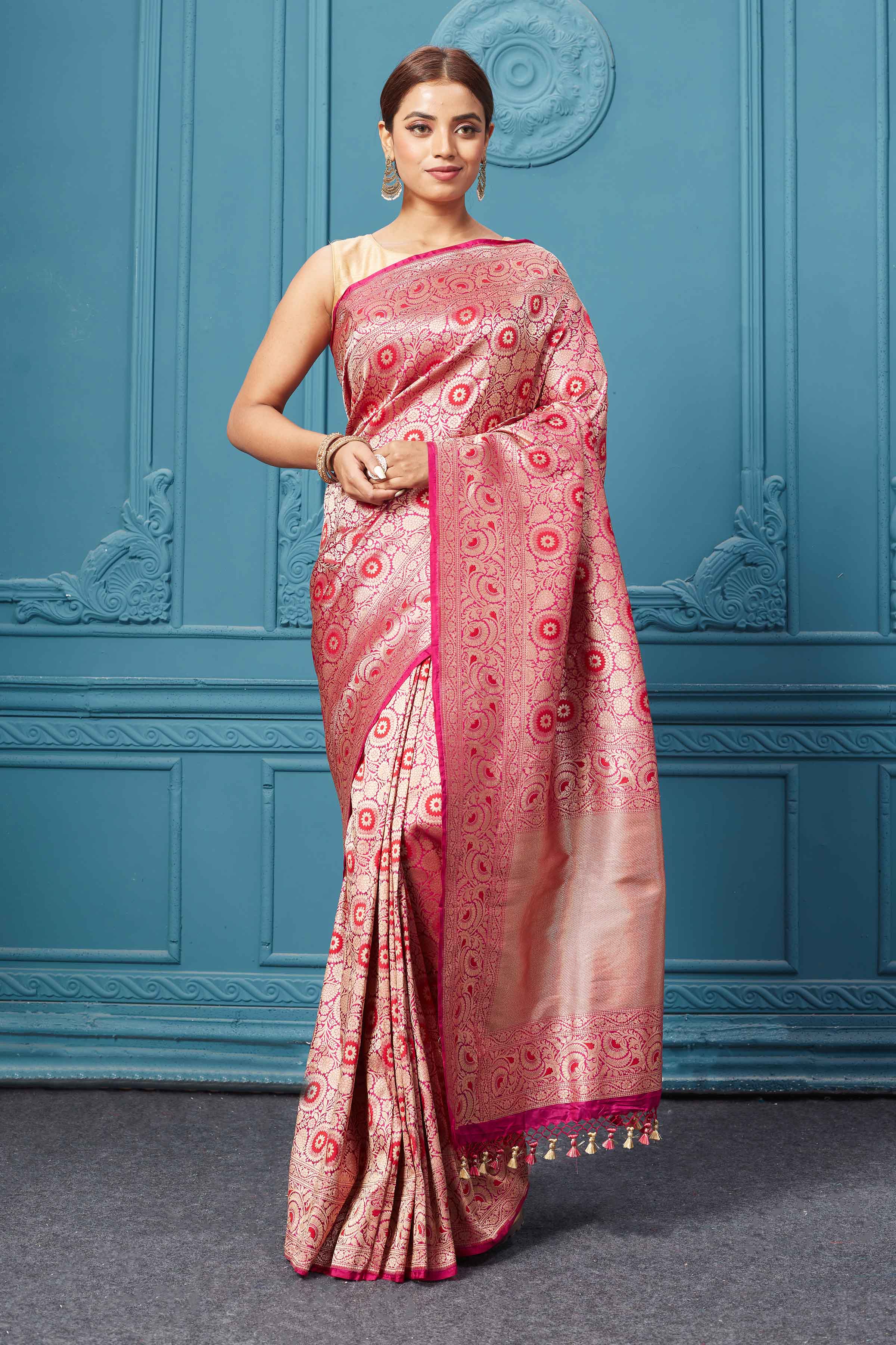 Pure Banarasi Kadhwa Katan Silk Saree Handloom | Royal Blue & Pink Contrast  – Banaras Weaves