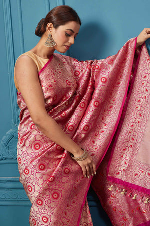 Buy BANARASI PATOLA Dark Pink Satin Silk Solid Banarasi Saree With  Beautiful Embroidery And Stone Work In Body And Border | Shoppers Stop