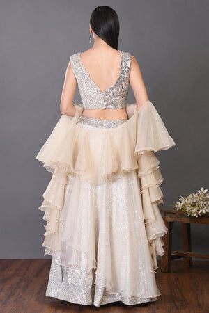 30Z128-RO  Off-white Organza Lehenga with Ruffle Dupatta