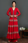 Buy stunning red and metallic front open Anarkali online in USA  Make a fashion statement on festive occasions and weddings with designer suits, Indian dresses, Anarkali suits, palazzo suits, designer gowns, sharara suits from Pure Elegance Indian fashion store in USA.-full view