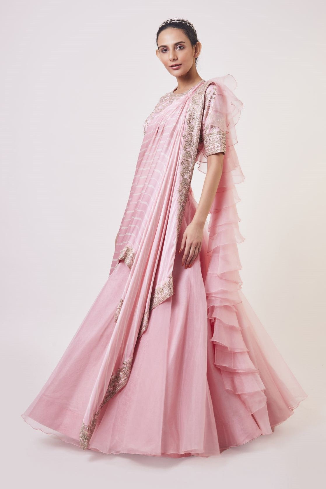 30Z103-RO Pink organza Lehenga with ruffle dupatta