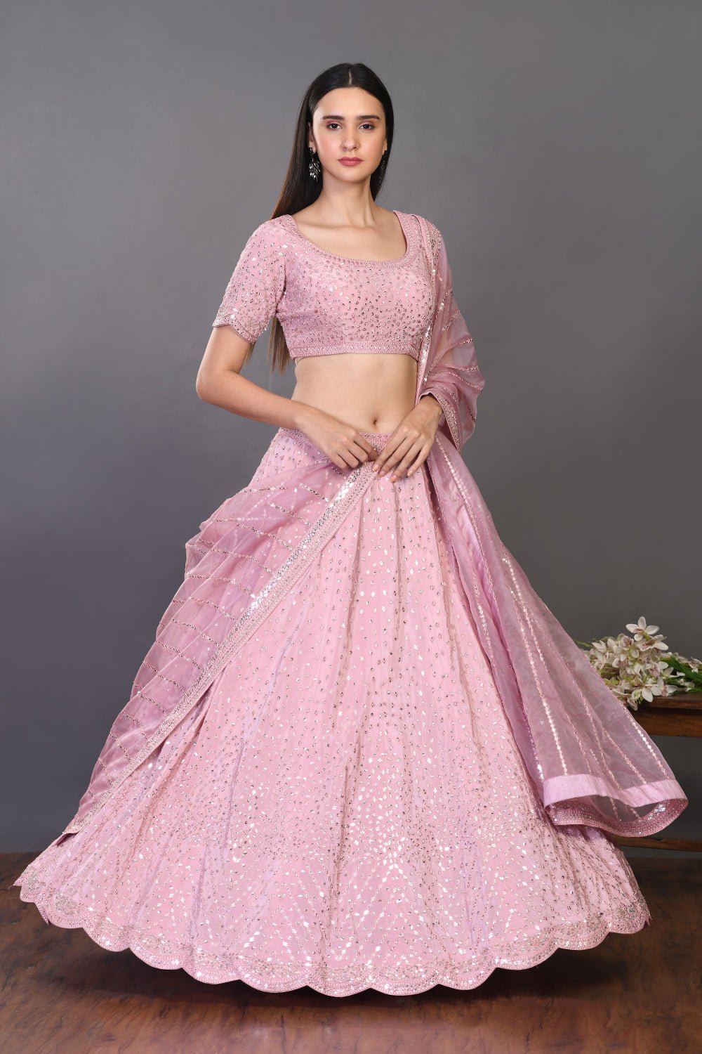 30Z123-RO pink crepe Lehenga with dupatta