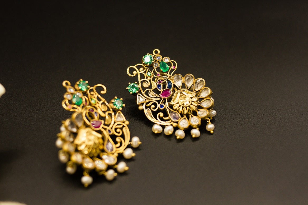 20C268 Colorful Glass and Pearl Silver Gold Plated Peacock Earrings