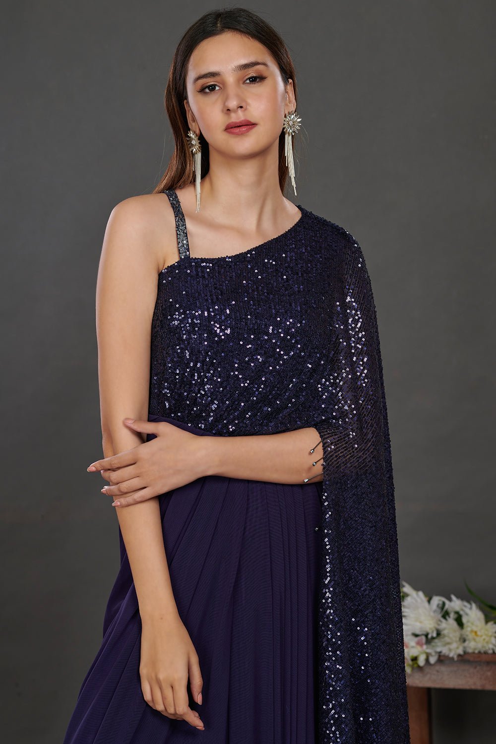 Buy stunning navy blue shimmery saree gown online in USA. Make a fashion statement on festive occasions and weddings with designer suits, Indian dresses, Anarkali suits, palazzo suits, designer gowns, sharara suits from Pure Elegance Indian fashion store in USA.-closeup