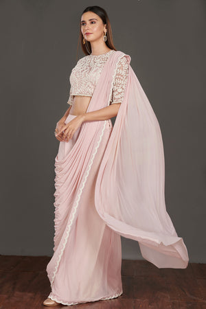 Onion Pink Tasseled Draped Pant Saree Set Design by MASUMI MEWAWALLA at  Pernia's Pop Up Shop 2024