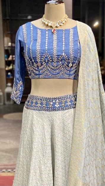 50Z286B-NRO Ivory Embroidery Lehenga with Sky Blue Blouse and Dupatta