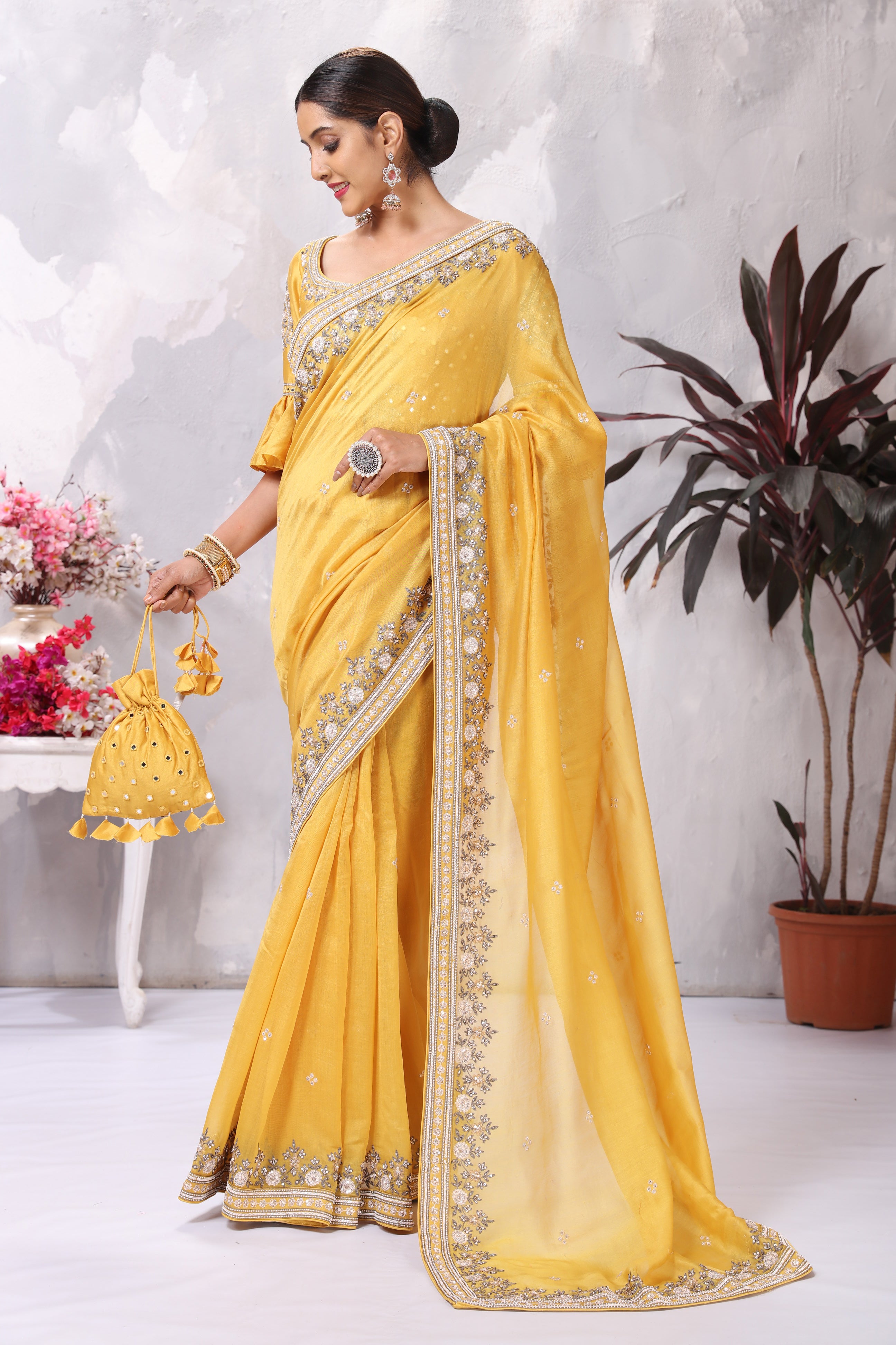 Buy Online Mustard Yellow Saree with Embroidered Border