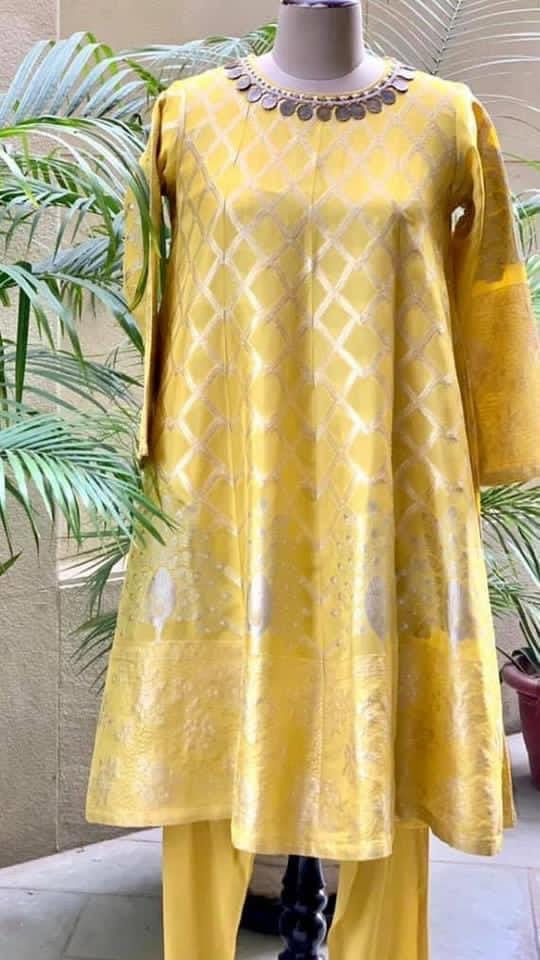 50Z374A-RO Yellow Drop Print Sharara Suit with Embellished Front