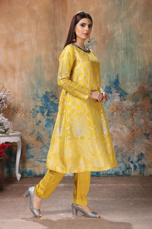 Green Woven Work Pant Suit In Banarasi Silk 4965SL08