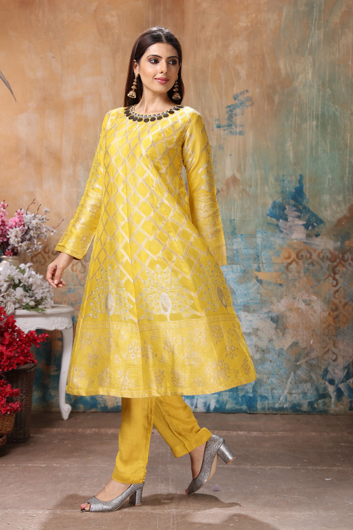 Buy Mustard Yellow Pintuck Banarasi Cotton Silk Pants