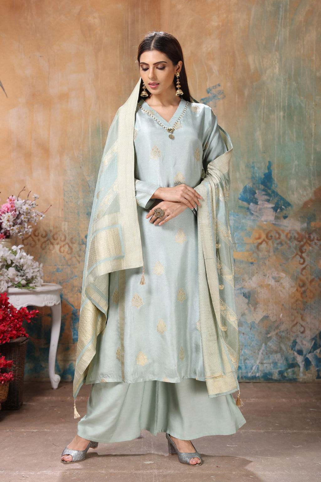 Shop beauitufl powder blue embroidered palazzo suit online in USA with dupatta. Flaunt Indian style at parties and weddings in beautiful designer dresses, salwar suits, Anarkali suits, gowns, palazzo suits from Pure Elegance Indian fashion store in USA.-full view