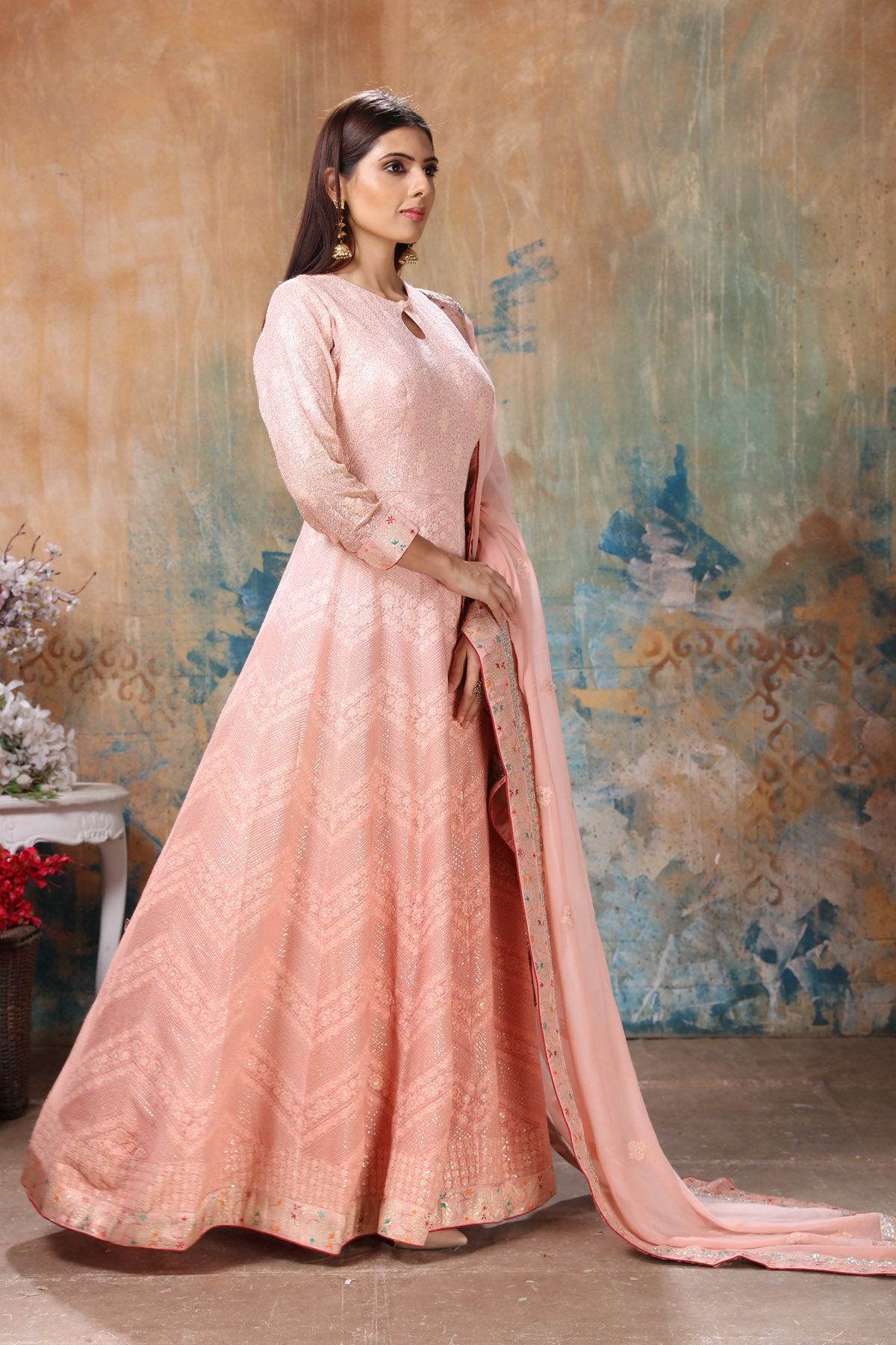 Buy Taffeta Silk Long Anarkali Suit in Peach Color Online - SALA2630