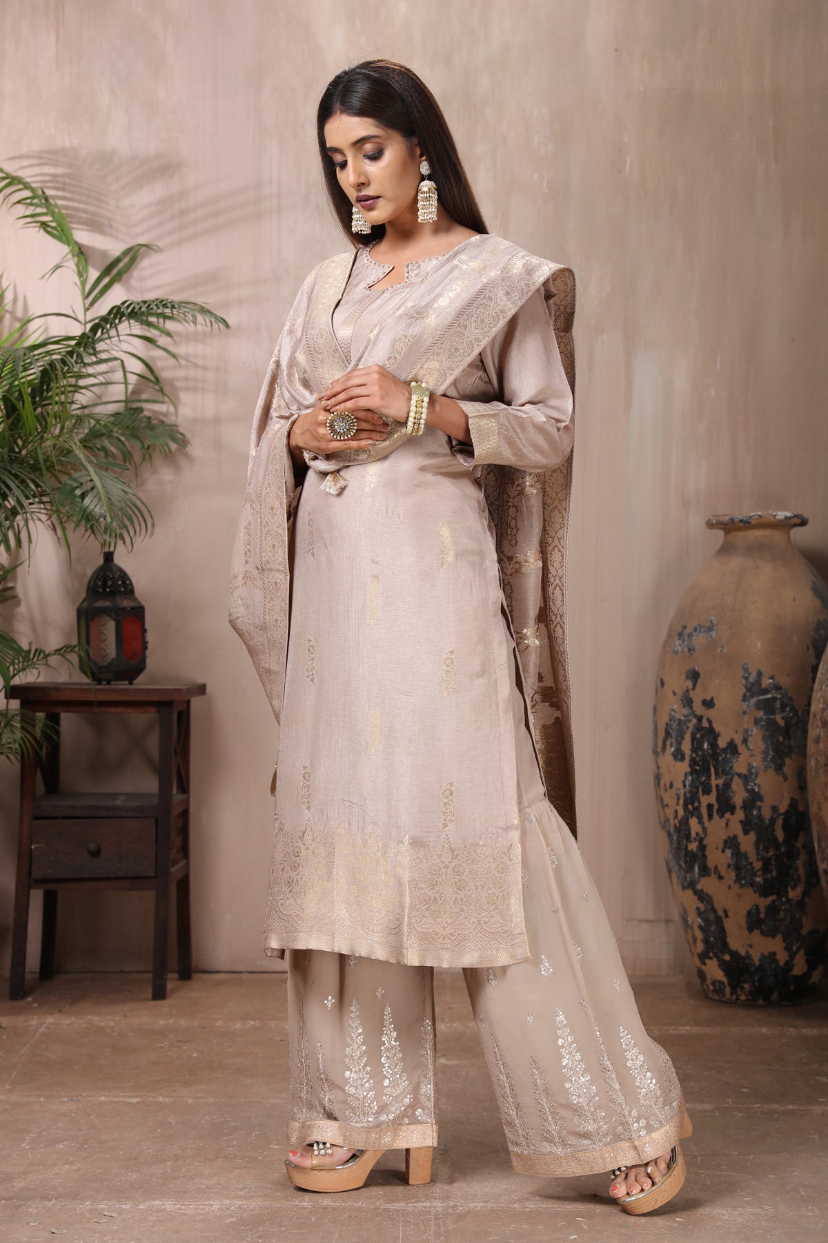 502747 Light Grey Embroidered Palazzo Suit with Dupatta