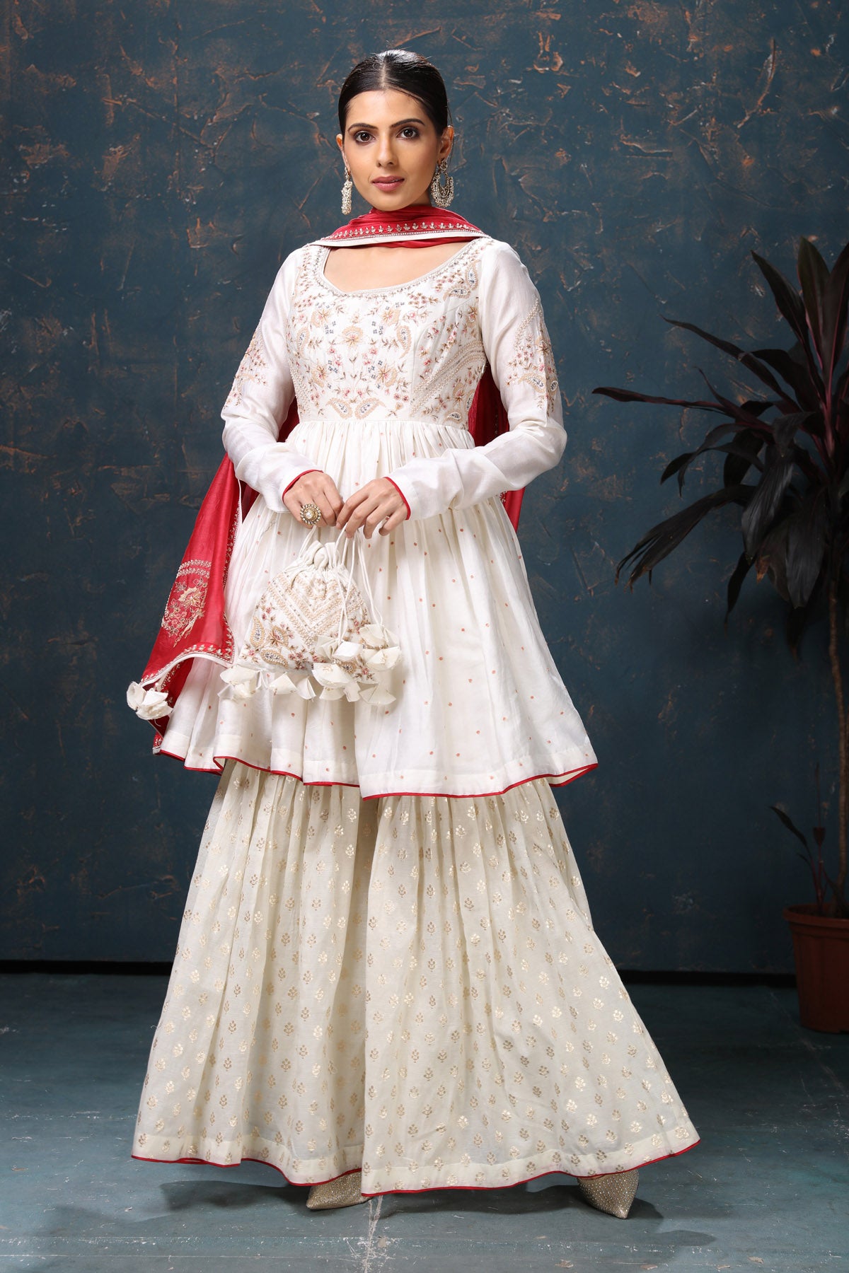 Buy Off White Embroidered Sharara Suit Online in USA with Red Dupatta Pure Elegance